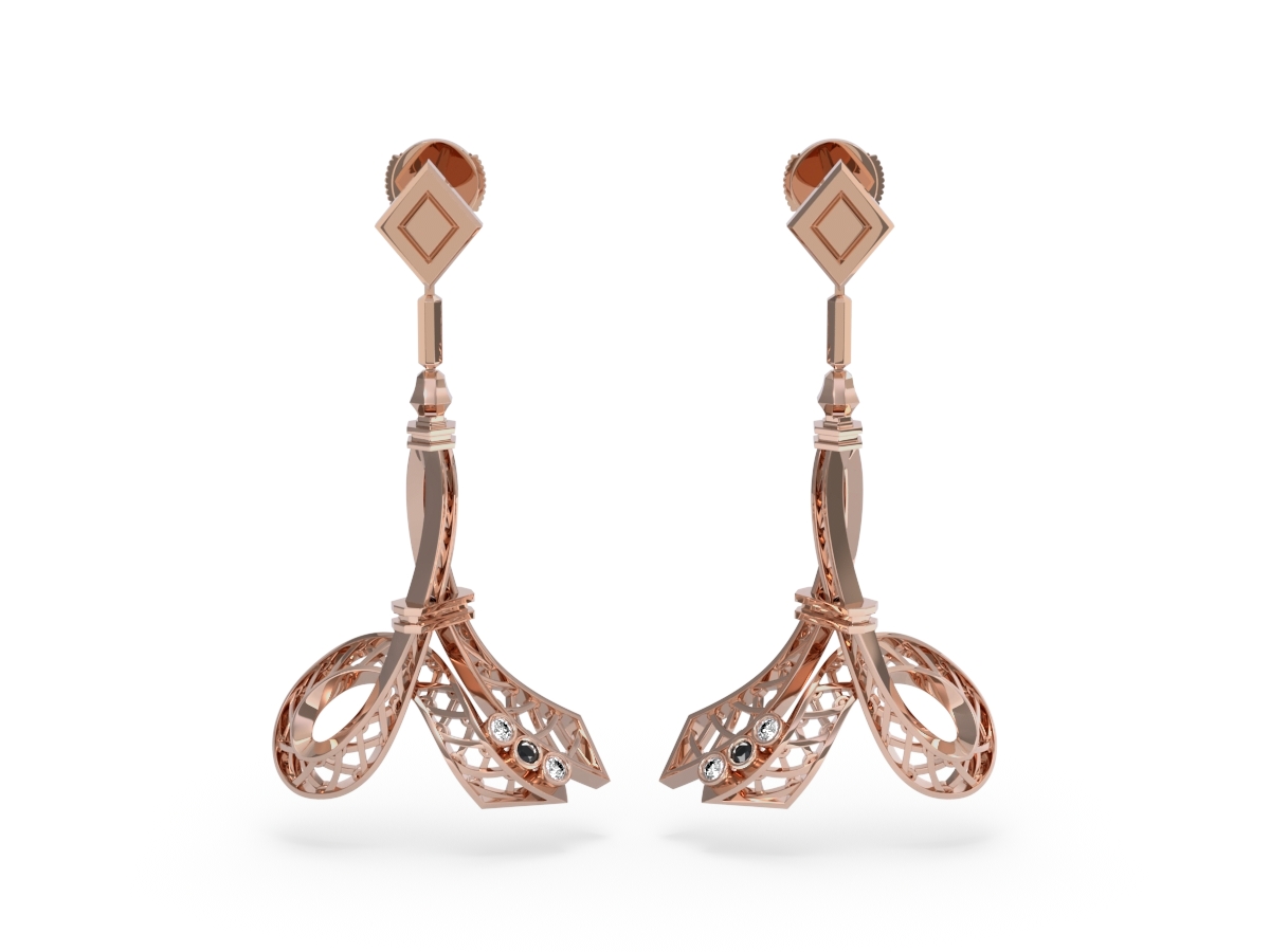 Boucles d'oreilles Diva - Diamants blancs et noir - Or rose 18 carats.