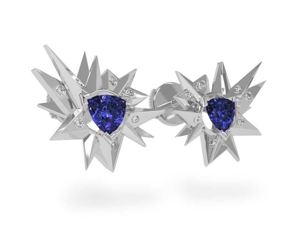 Boucles d'oreilles Fleur de Givre Night Glacier White - Diamants blancs - Tanzanite Trillion <br> Or blanc 18 carats