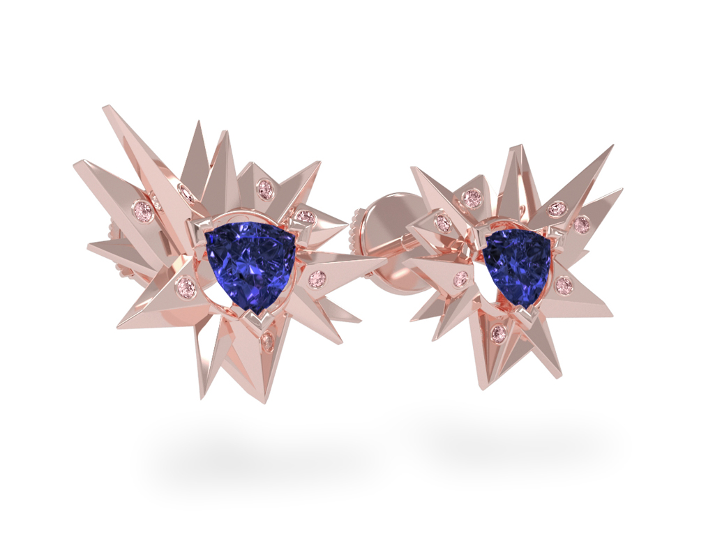 Boucles d'oreilles Fleur de Givre Night Glacier Pink - Diamants roses - Tanzanite Trillion <br> Or rose 18 carats