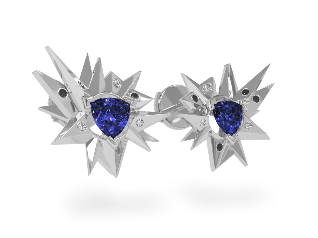 Boucles d'oreilles Fleur de Givre Night Glacier Black & White - Diamants blancs et noirs - Tanzanite
 Trillion <br> Or blanc 18 carats