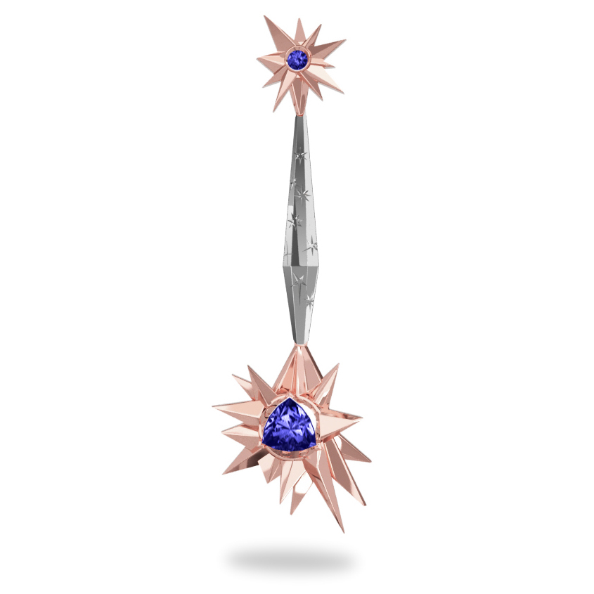 Pendentif Glaçon Night - Tanzanite Trillion <br>Gravures polies étoiles <br/>  Or blanc & rose 18 carats