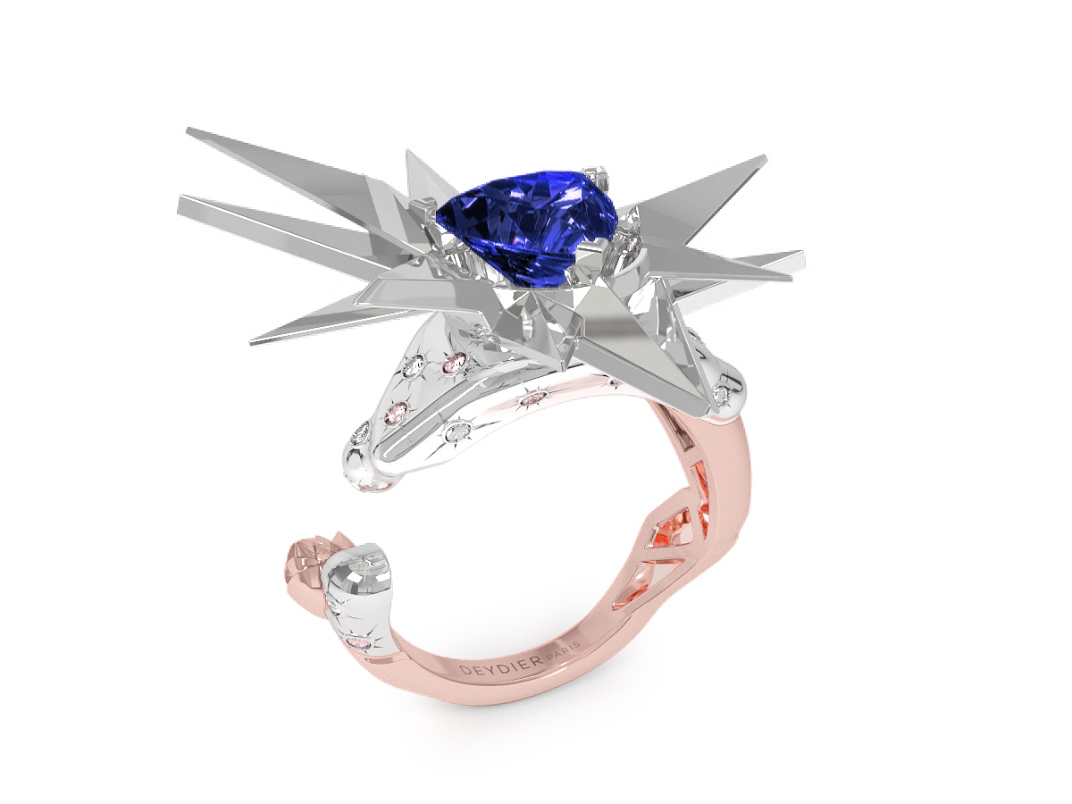 Bague Night Glacier Pink & White - Diamants blancs et roses - Tanzanite Trillion <br> Or rose & blanc 18 carats