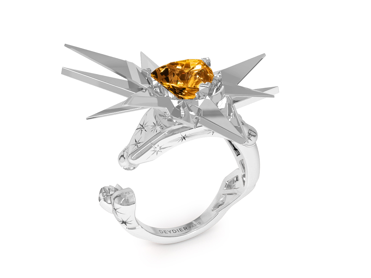 Bague Sun - Citrine Trillion <br>Gravures polies étoiles<br/> Or blanc 18 carats