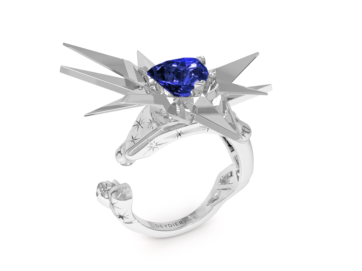 Bague Night - Tanzanite Trillion <br>Gravures polies étoiles<br/>  Or  blanc 18 carats