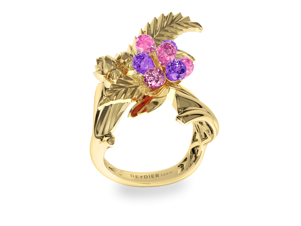 Bague Flowers Leaves Pink & Padparadsha - Saphirs briolettes roses & padparadsha - Or jaune 18 carats