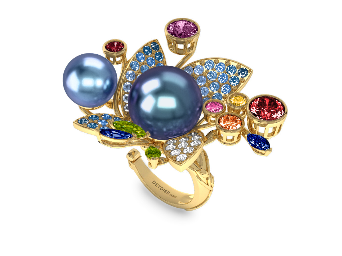 Bague Pearly Angel Peacock & Céleste - Saphirs, diamants, peridots & perles de Tahiti <br /> Or jaune 18 carats