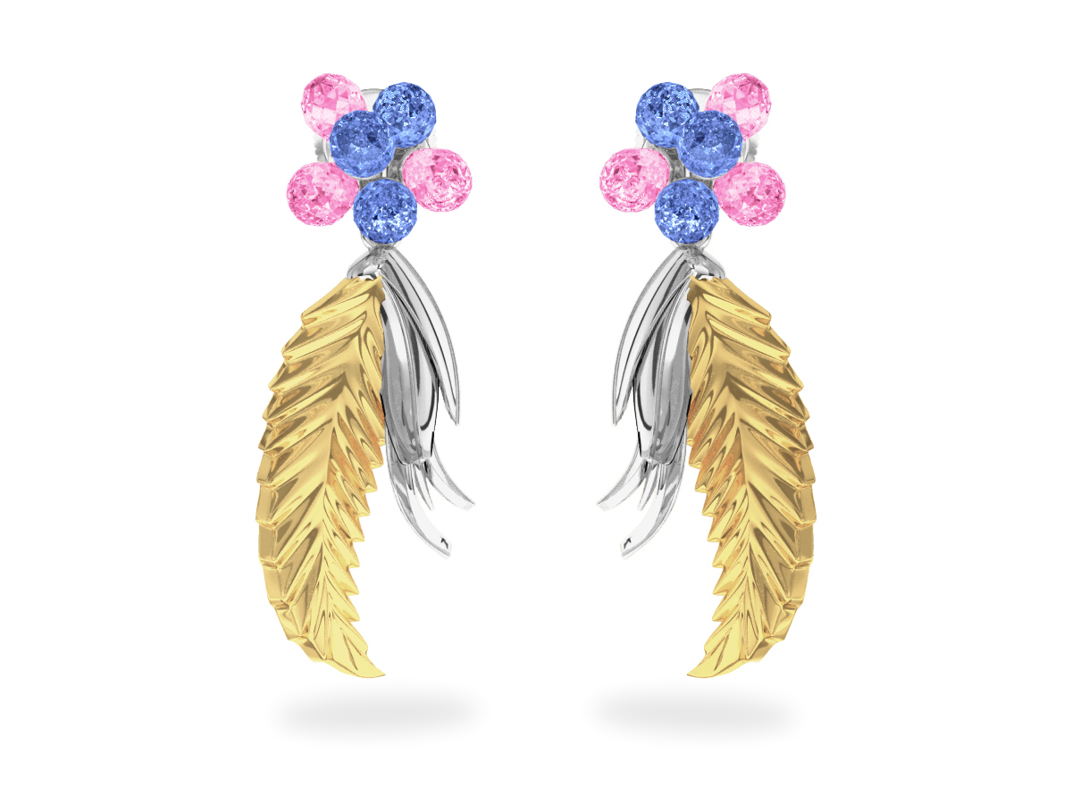 Boucles d'oreilles Flowers Blue & Pink - Saphirs Bleus & Roses <br/>Or blanc & jaune 18 carats