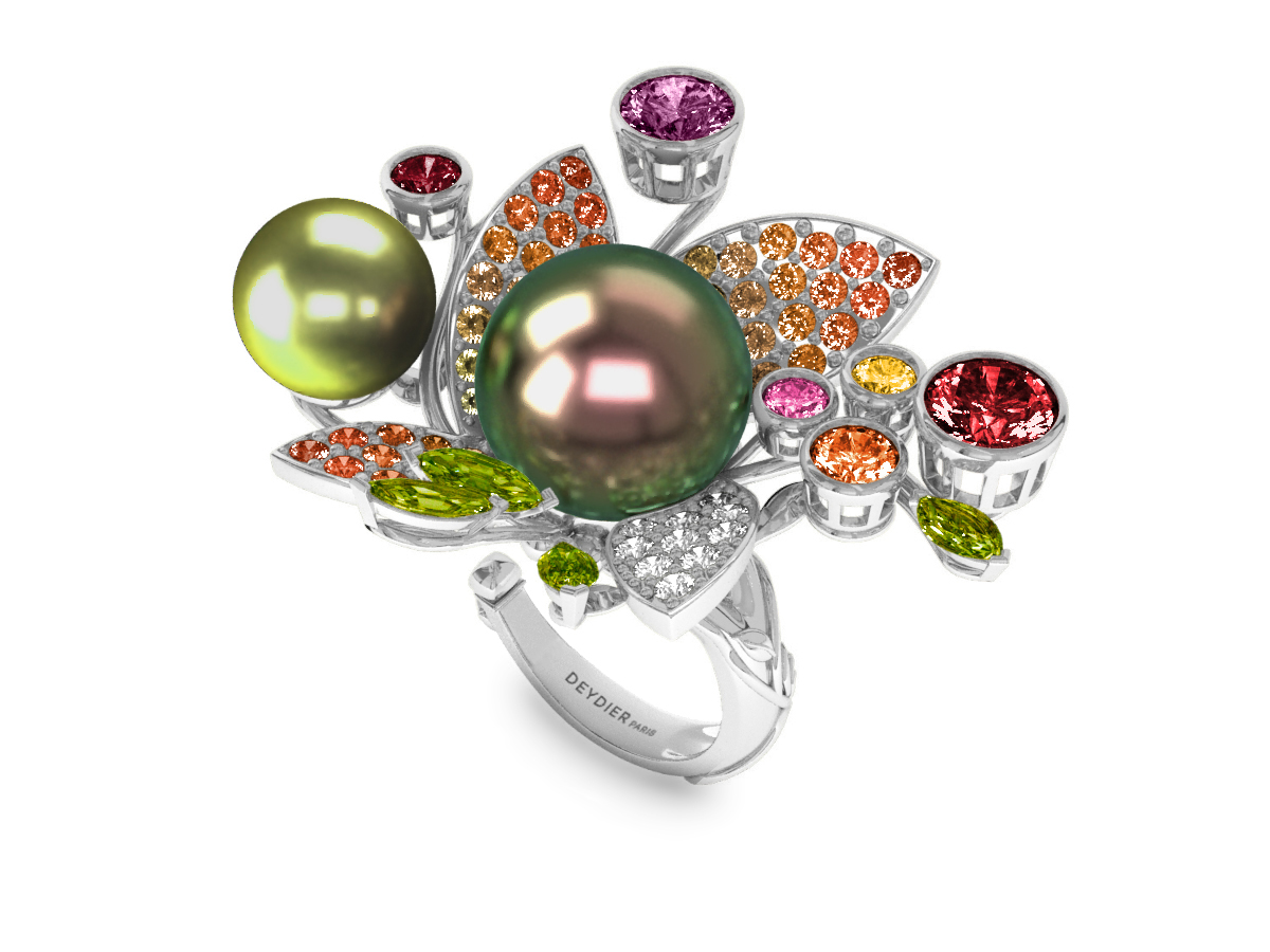 Bague Pearly Angel Peacock & Pistache - Saphirs, diamants, peridots & perles de Tahiti <br /> Or blanc 18 carats