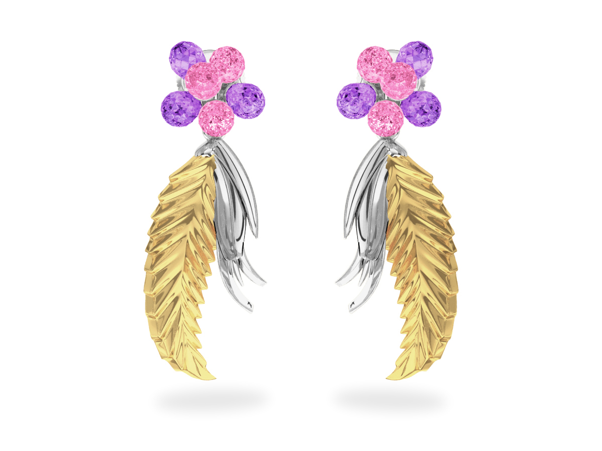 Boucles d'oreilles Flowers Pink & Purple - Saphirs Roses & Violets<br/>Or blanc & jaune 18 carats