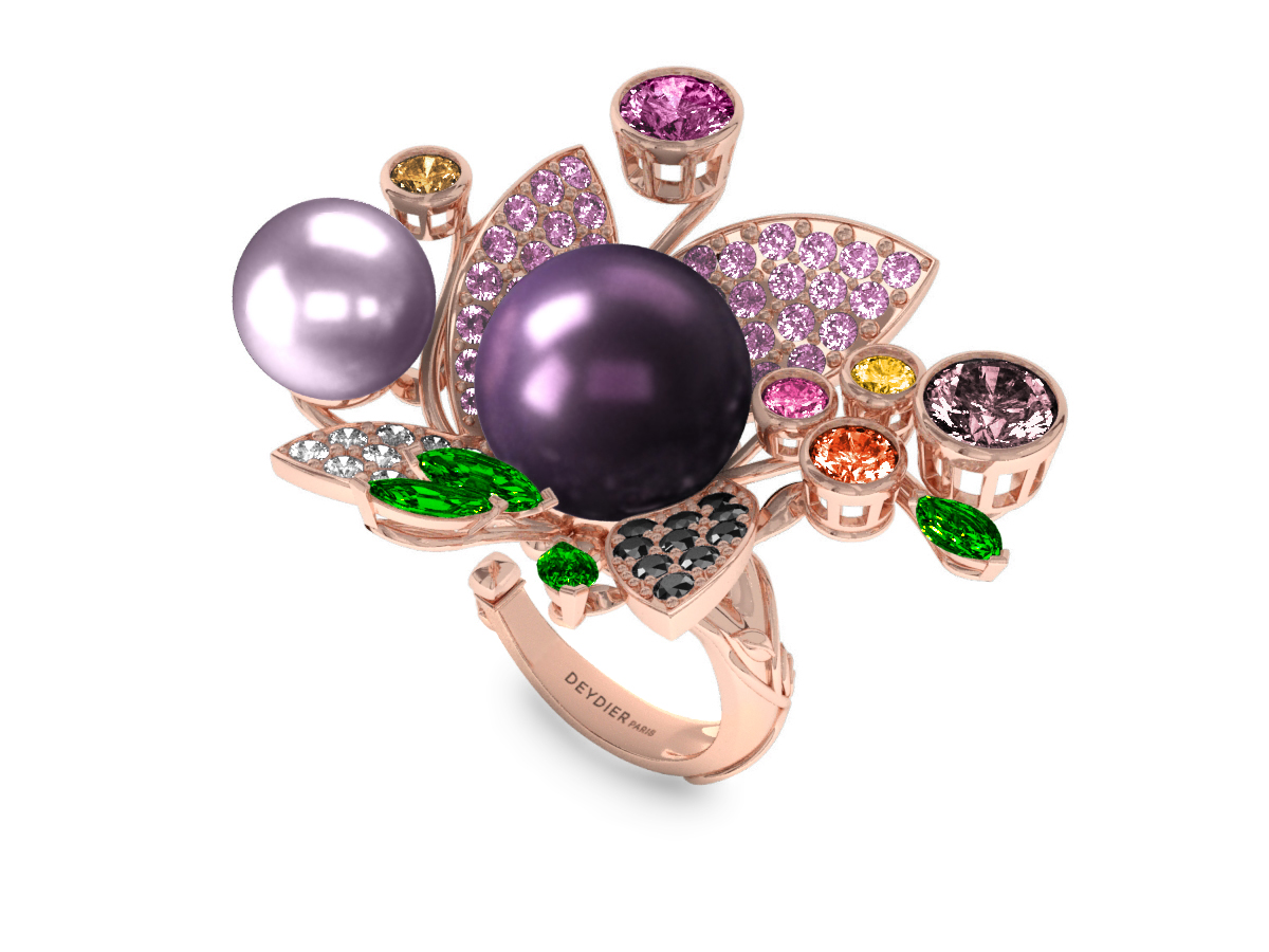 Bague Pearly Angel Aubergine & Mauve - Saphirs, diamants, tsavorites & perles de Tahiti <br /> Or jaune 18 carats