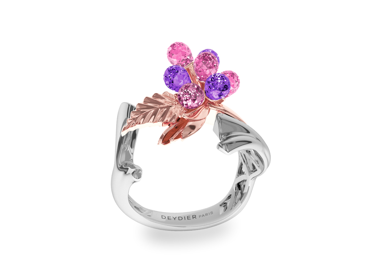 Bague Flowers Pink & Purple - Saphirs briolettes roses & violets - Or rose & blanc 18 carats