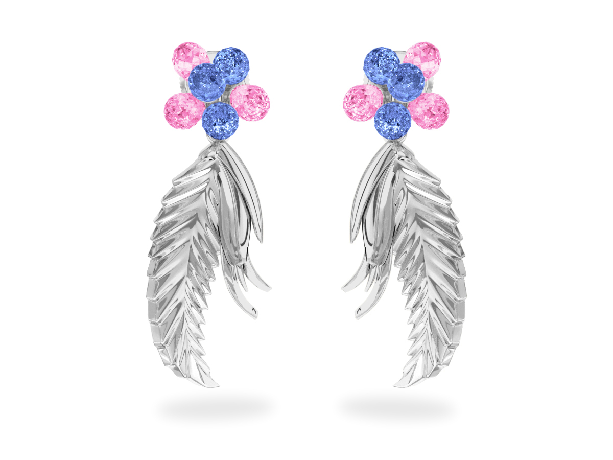 Boucles d'oreilles Flowers Blue & Pink - Saphirs Bleus & Roses<br/> Or blanc 18 carats