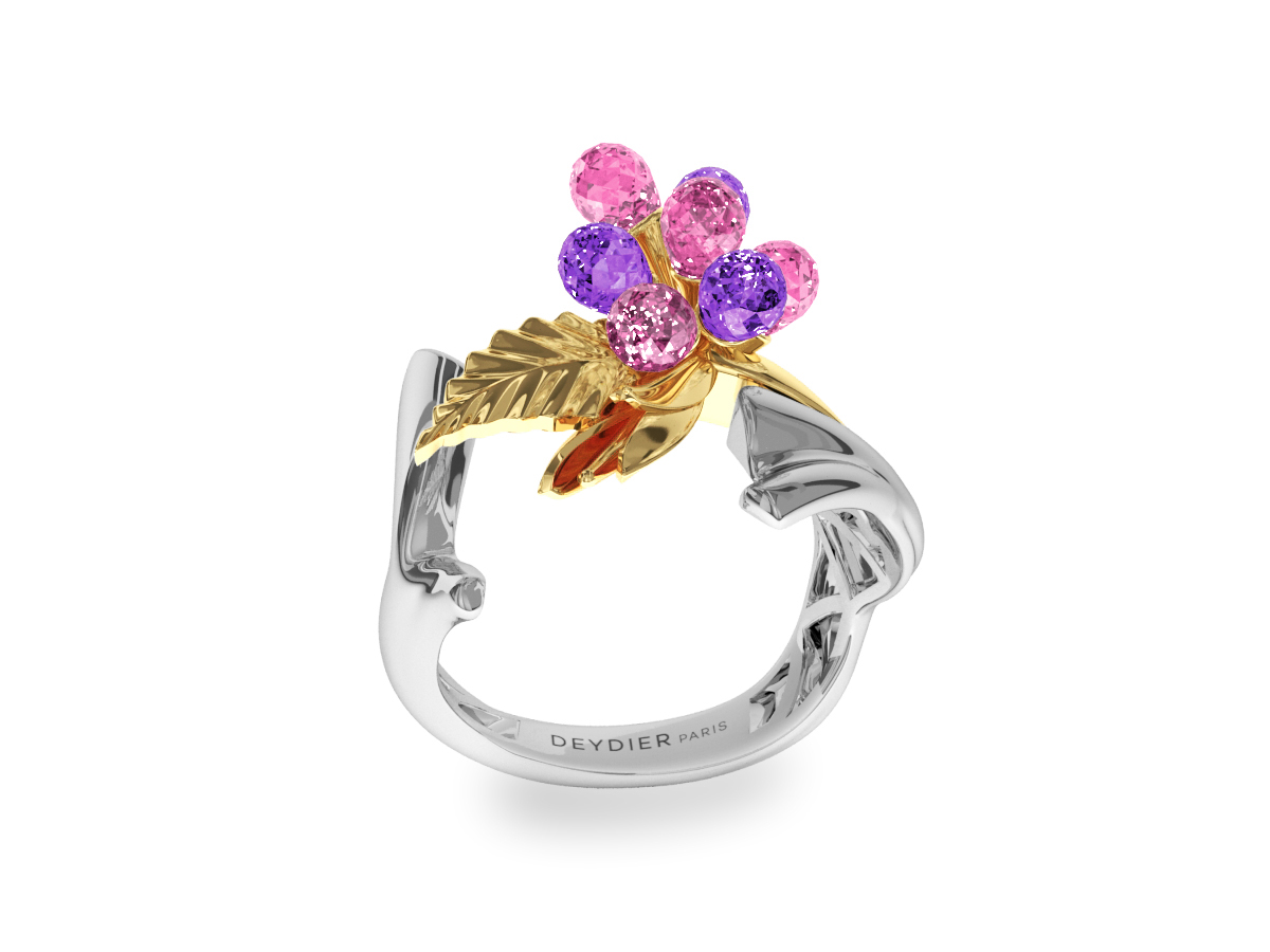 Bague Flowers Pink & Purple - Saphirs briolettes roses & violets - Or blanc & jaune 18 carats