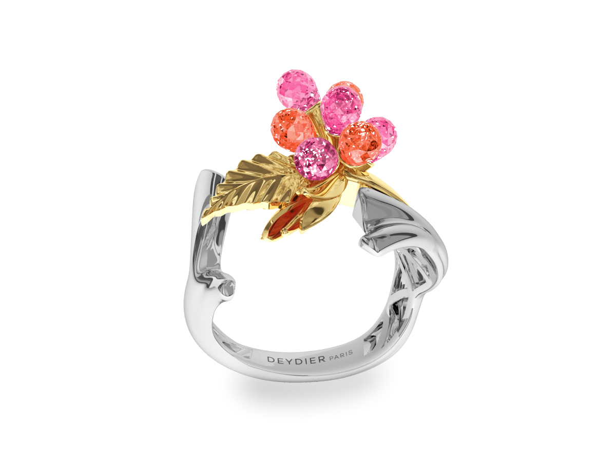 Bague Flowers Pink & Padparadsha - Saphirs briolettes roses & padparadsha - Or blanc & jaune 18 carats