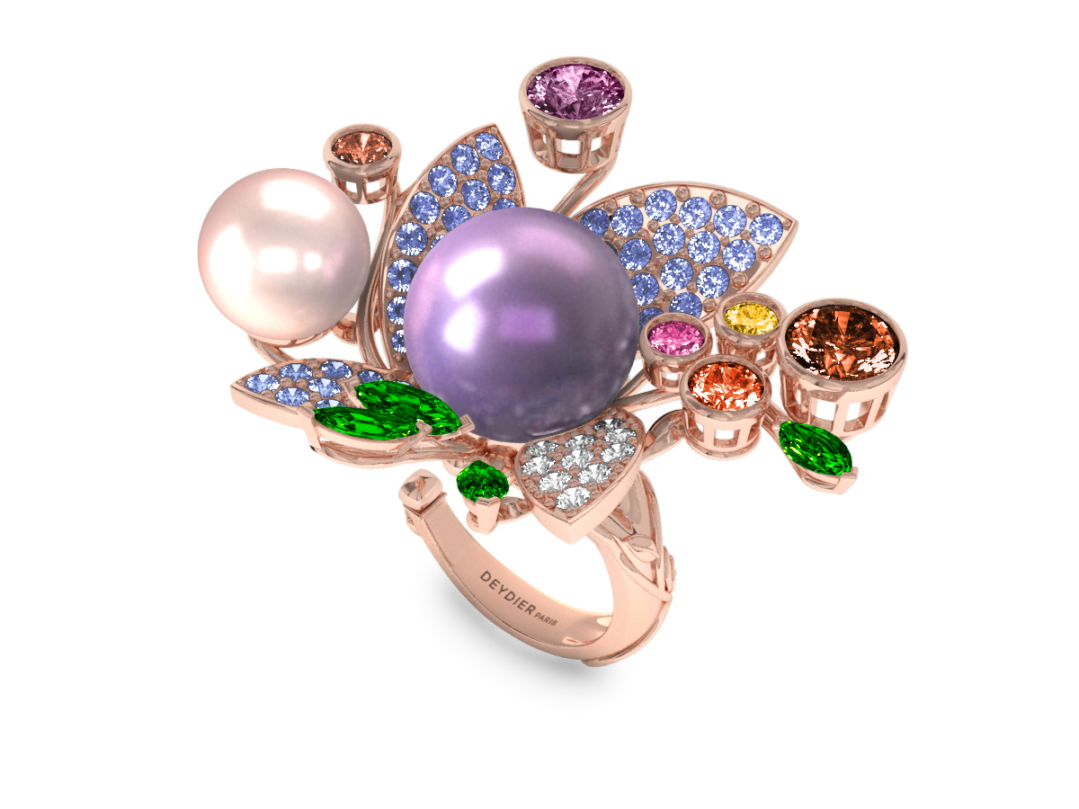 Bague Pearly Angel Lavande & Ivoire - Saphirs, diamants, tsavorites & perles d'eau douce <br /> Or rose 18 carats