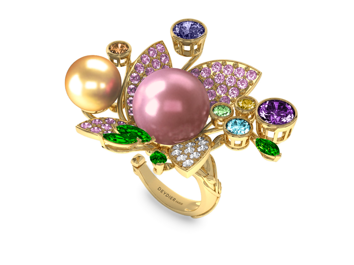 Bague Pearly Angel Rose & Or - Saphirs, diamants, tsavorites & perle d'eau douce et des mers du Sud <br /> Or jaune 18 carats