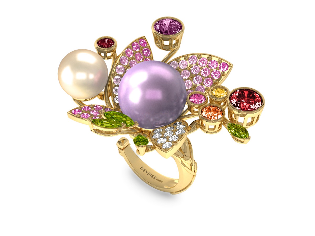 Bague Pearly Angel Mauve & Ivoire - Saphirs, diamants, péridots & perles d'eau douce <br /> Or jaune 18 carats