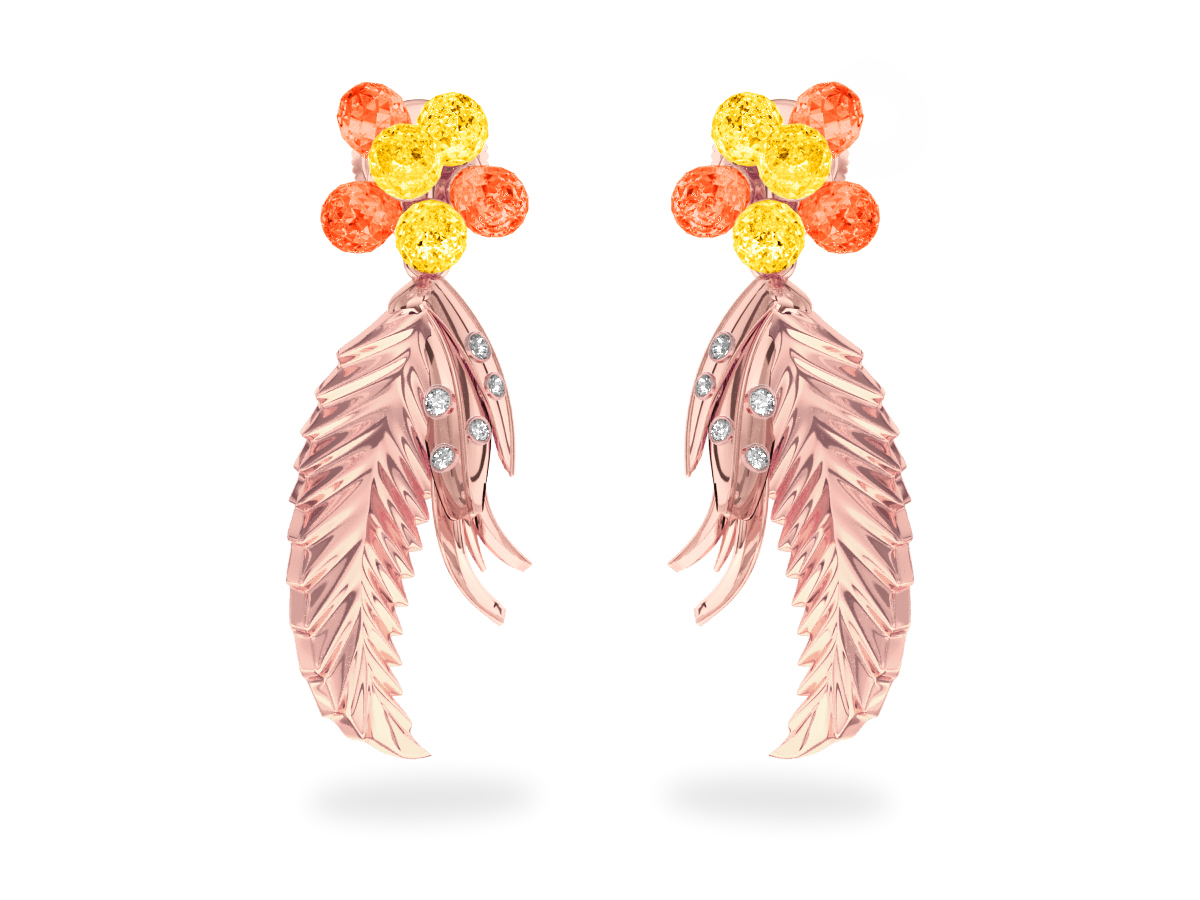Boucles d'oreilles Flowers Yellow & Orange - Saphirs Jaunes & Orange<br/> Or rose 18 carats<br/> Diamants blancs