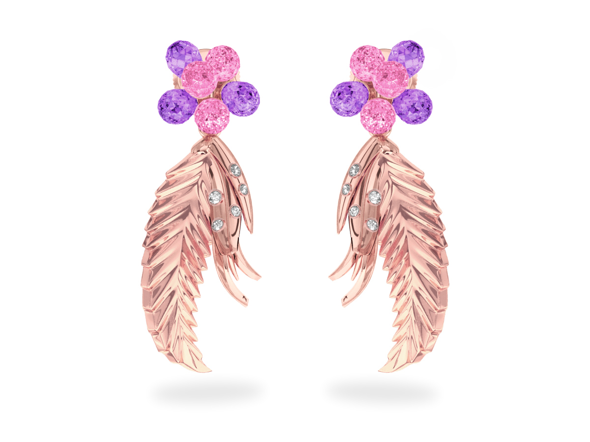 Boucles d'oreilles Flowers Pink & Purple - Saphirs Roses & Violets <br/>Or rose 18 carats <br/>Diamants blancs