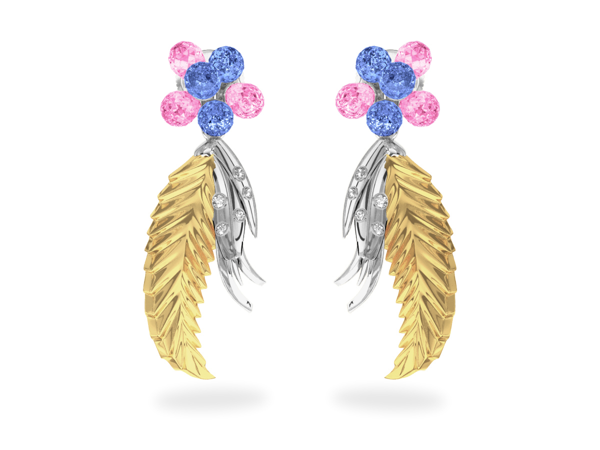 Boucles d'oreilles Flowers Blue & Pink - Saphirs Bleus & Roses <br/>Or blanc & jaune 18 carats <br/>Diamants blancs