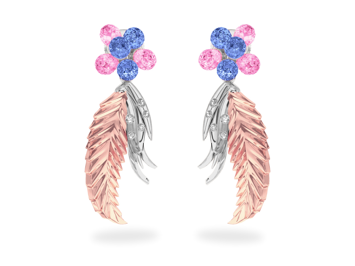 Boucles d'oreilles Flowers Blue & Pink - Saphirs Bleus & Roses <br/>Or blanc & rose 18 carats