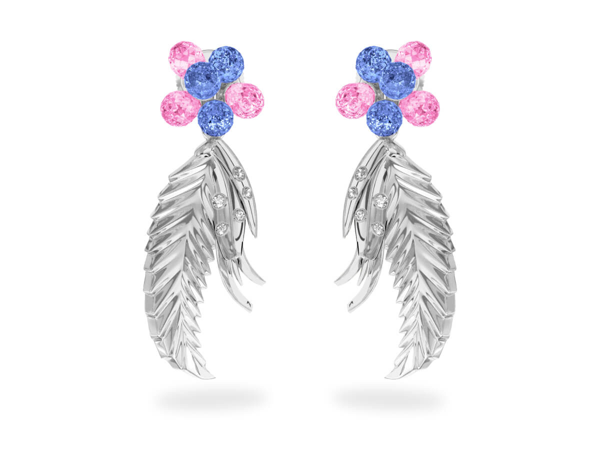 Boucles d'oreilles Flowers Blue & Pink - Saphirs Bleus & Roses<br/> Or blanc 18 carats <br/>Diamants blancs