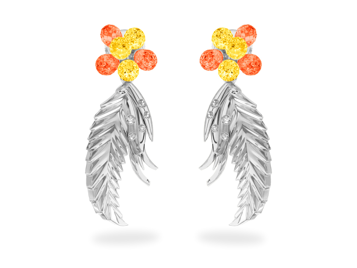 Boucles d'oreilles Flowers Yellow & Orange - Saphirs Jaunes & Orange<br/> Or blanc 18 carats<br/> Diamants blancs