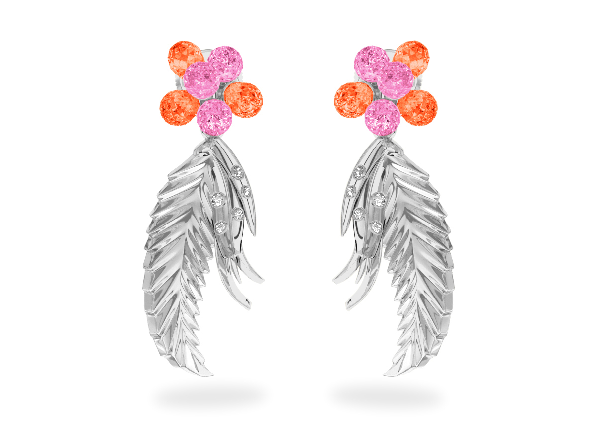 Boucles d'oreilles Flowers Pink & Purple - Saphirs Roses & Violets<br/> Or blanc 18 carats <br/>Diamants blancs