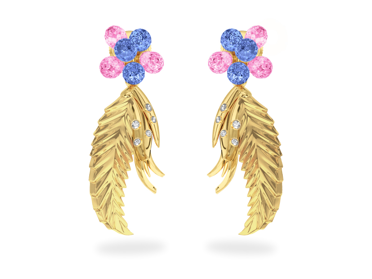 Boucles d'oreilles Flowers Blue & Pink - Saphirs Bleus & Roses<br/> Or jaune 18 carats <br/>Diamants blancs