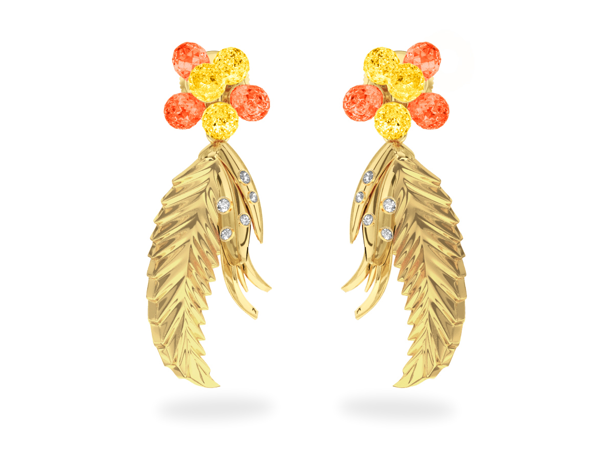 Boucles d'oreilles Flowers Yellow & Orange - Saphirs Jaunes & Orange<br/> Or jaune 18 carats<br/> Diamants blancs