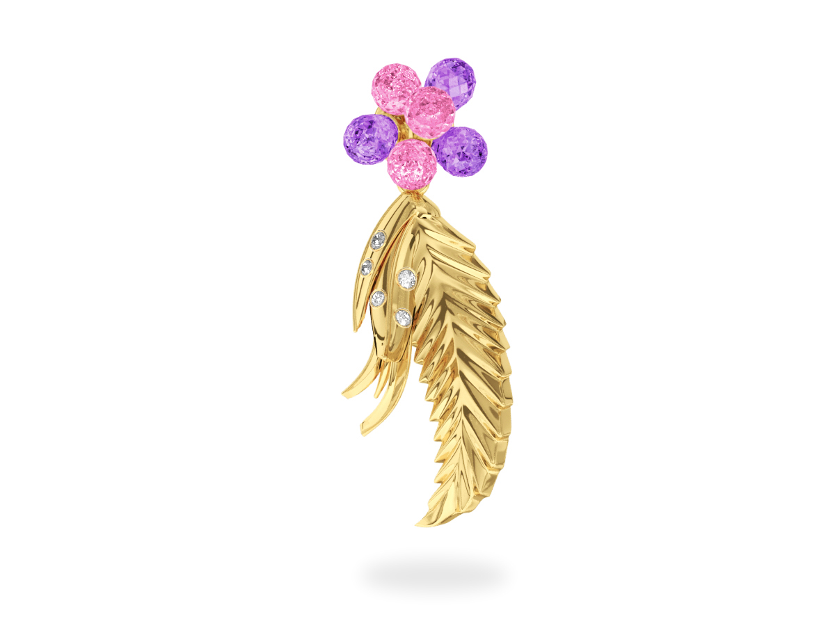 Pendentif Flowers Pink & Purple - Saphirs Roses & Violets<br/> Or jaune 18 carats <br/> Diamants Blancs