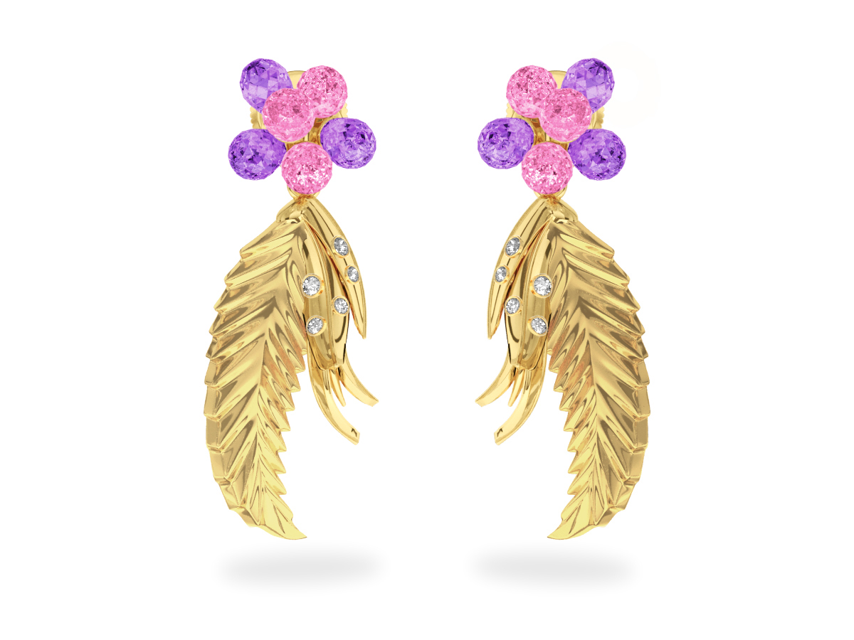 Boucles d'oreilles Flowers Pink & Purple - Saphirs Roses & Violets <br/>Or jaune 18 carats <br/>Diamants blancs
