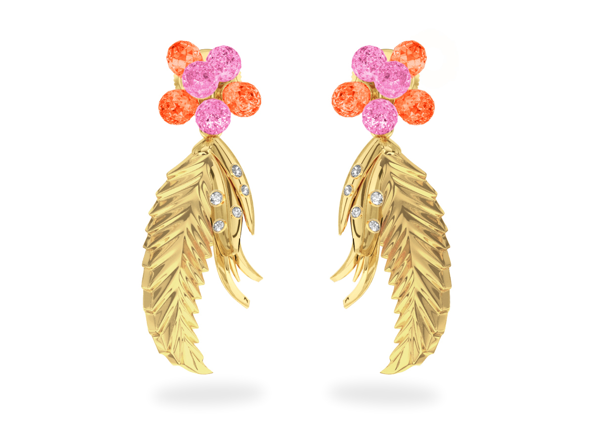 Boucles d'oreilles Flowers Pink & Padparadsha - Saphirs Roses & Orange<br/> Or jaune 18 carats Diamants Blancs<br/>