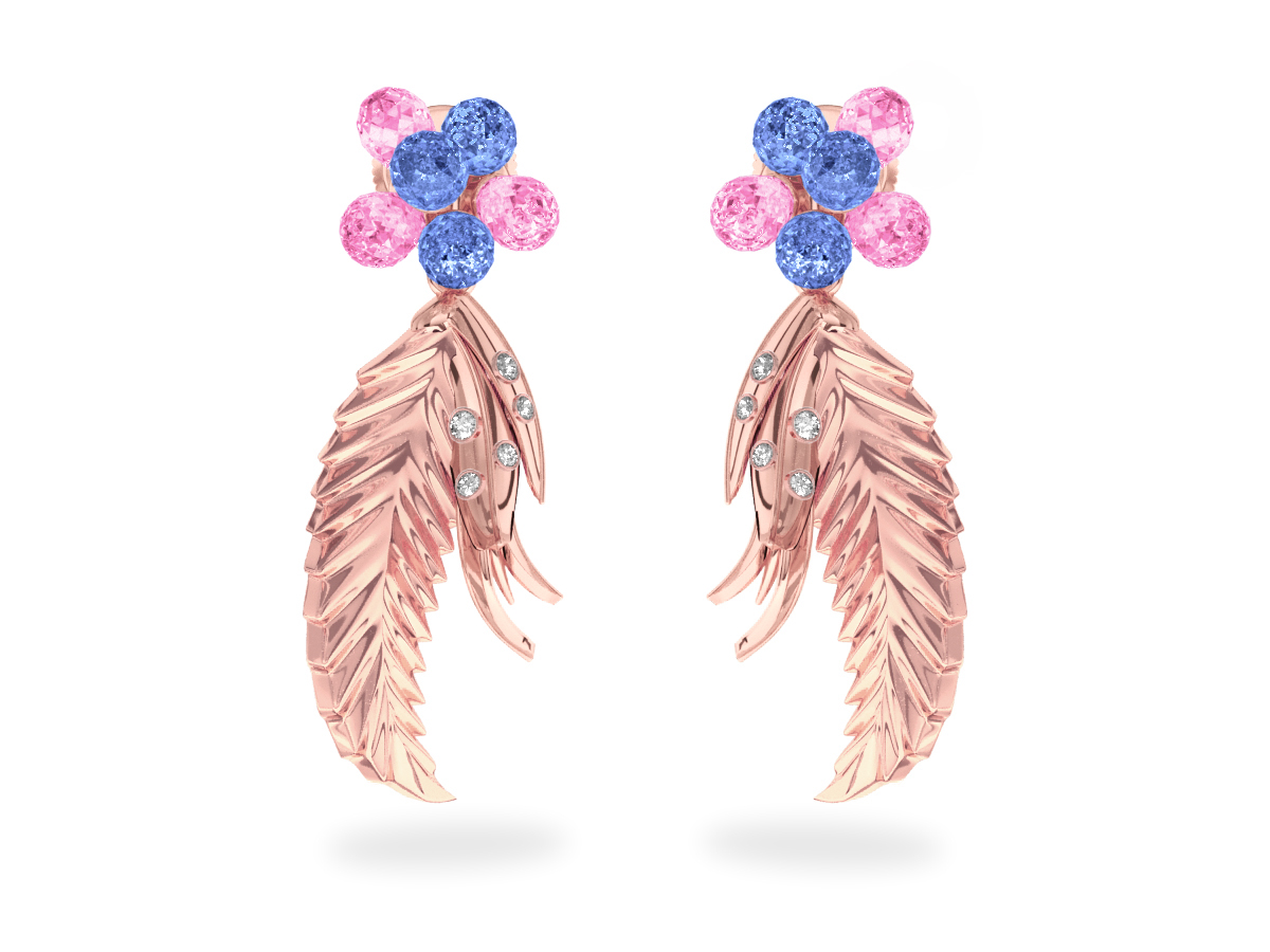 Boucles d'oreilles Flowers Blue & Pink - Saphirs Bleus & Roses <br/>Or rose 18 carats <br/>Diamants Blancs