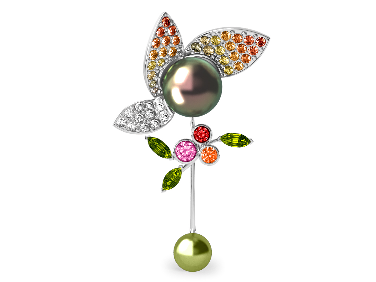 Pendentif Pearly Angel Peacock & Pistache - Saphirs, diamants, peridots & perles de Tahiti <br /> Or blanc 18 carats