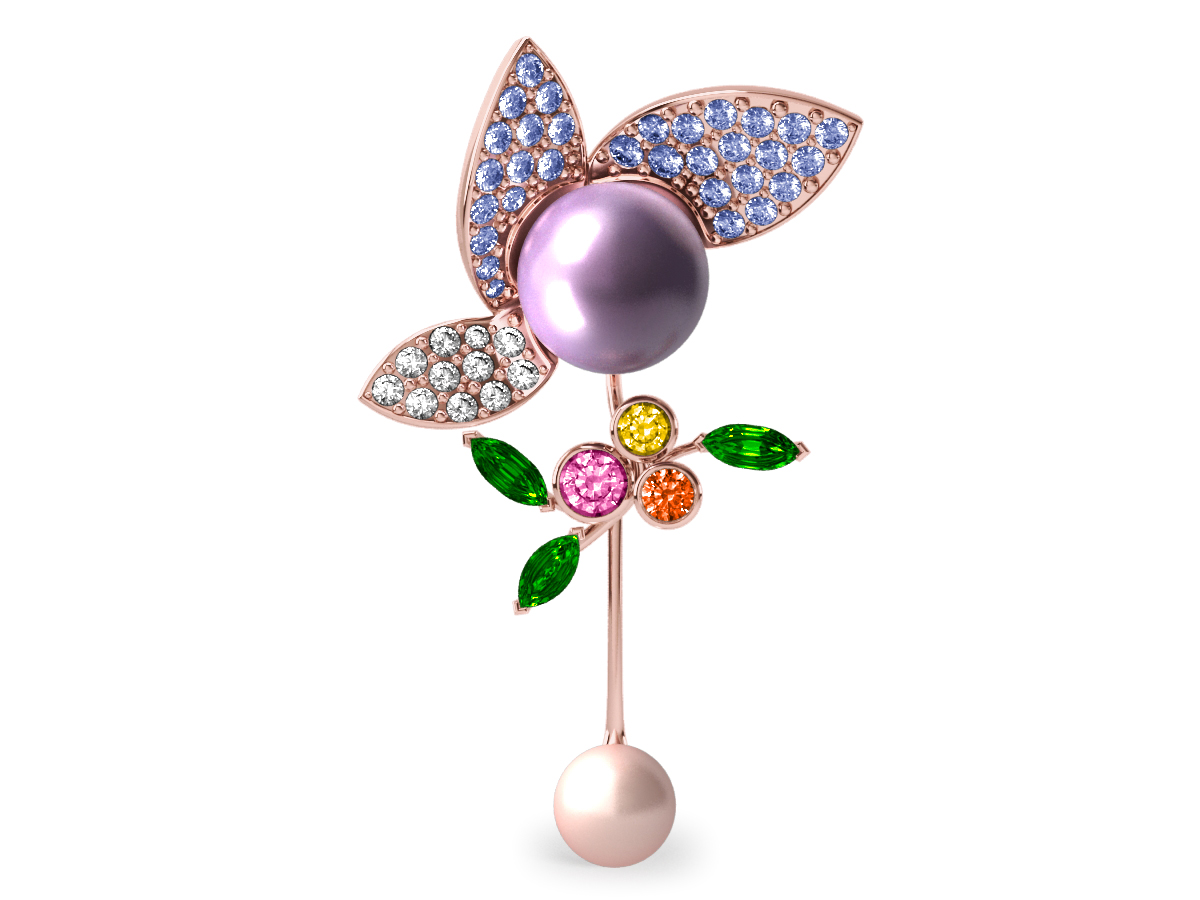 Pendentif Pearly Angel Lavande & Ivoire - Saphirs, diamants, tsavorites & perles d'eau douce <br /> Or rose 18 carats