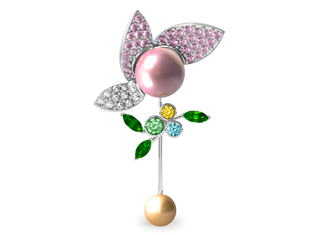 Pendentif Pearly Angel Rose & Or - Saphirs, diamants, tsavorites & perle d'eau douce et des mers du Sud <br /> Or blanc 18 carats