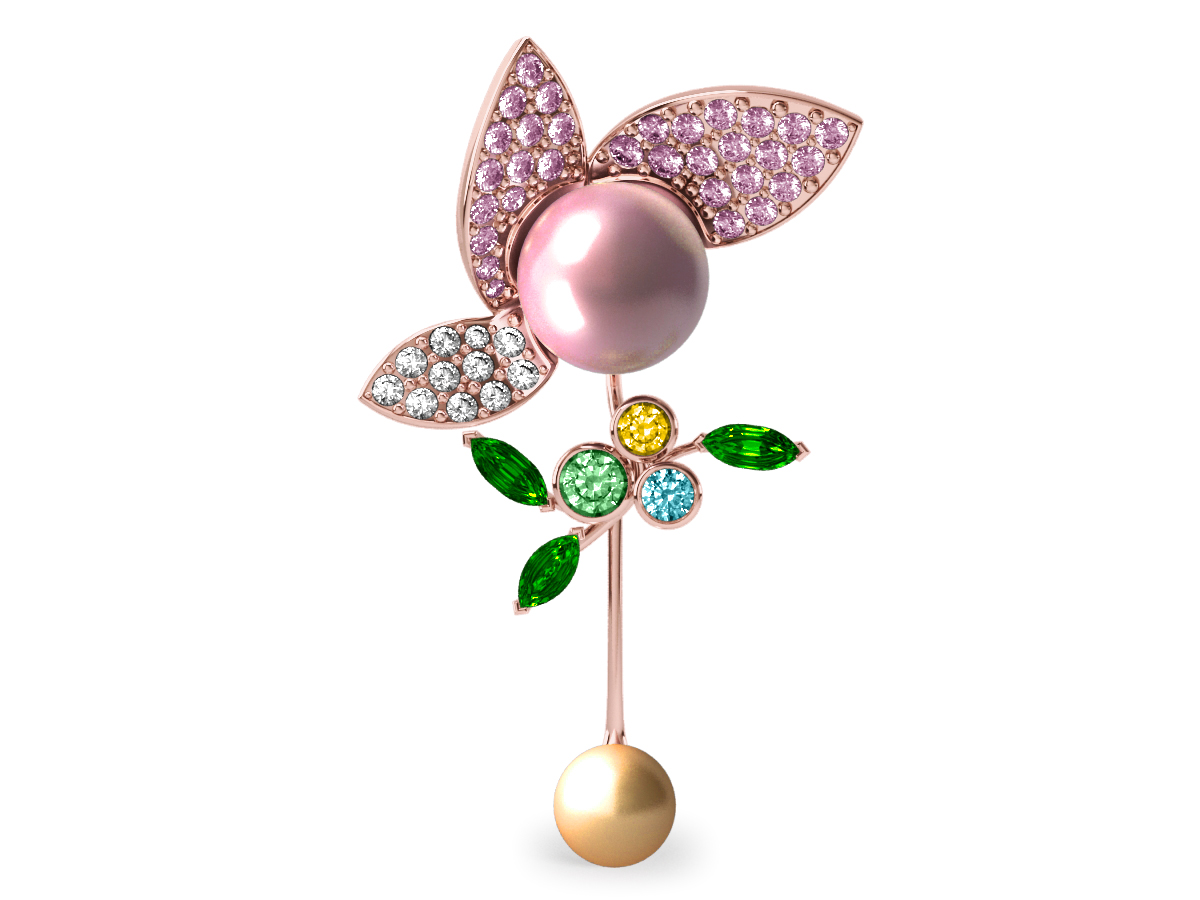 Pendentif Pearly Angel Rose & Or - Saphirs, diamants, tsavorites & perle d'eau douce et des mers du Sud <br /> Or rose 18 carats