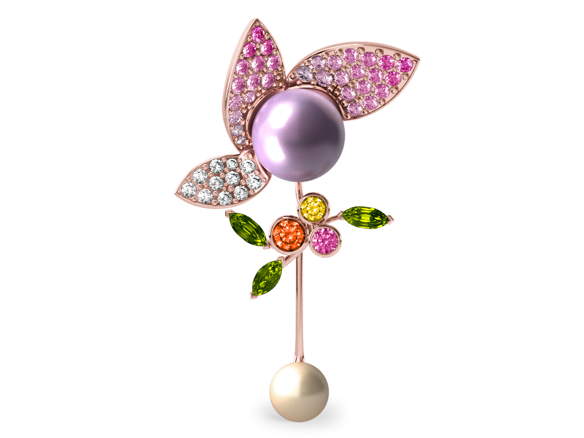 Pendentif  Pearly Angel Mauve & Ivoire - Saphirs, diamants, peridots & perles de Tahiti <br /> Or blanc 18 carats