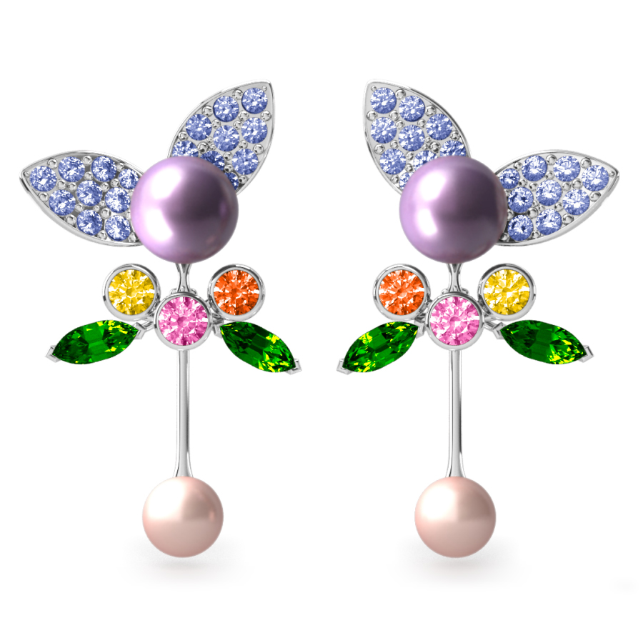 Boucles d'oreilles Pearly Angel Lavande & Ivoire - Saphirs, diamants, tsavorites & perles d'eau douce <br /> Or blanc 18 carats