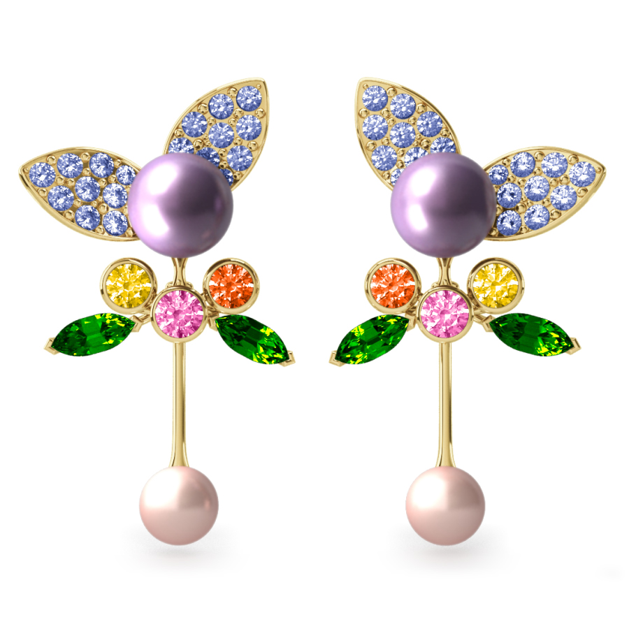 Boucles d'oreilles Pearly Angel Lavande & Ivoire - Saphirs, diamants, tsavorites & perles d'eau douce <br /> Or jaune 18 carats