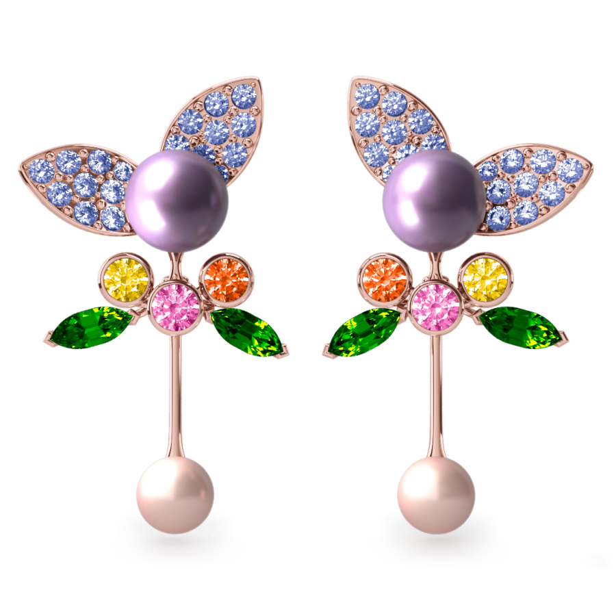 Boucles d'oreilles Pearly Angel Lavande & Ivoire - Saphirs, diamants, tsavorites & perles d'eau douce <br /> Or rose 18 carats