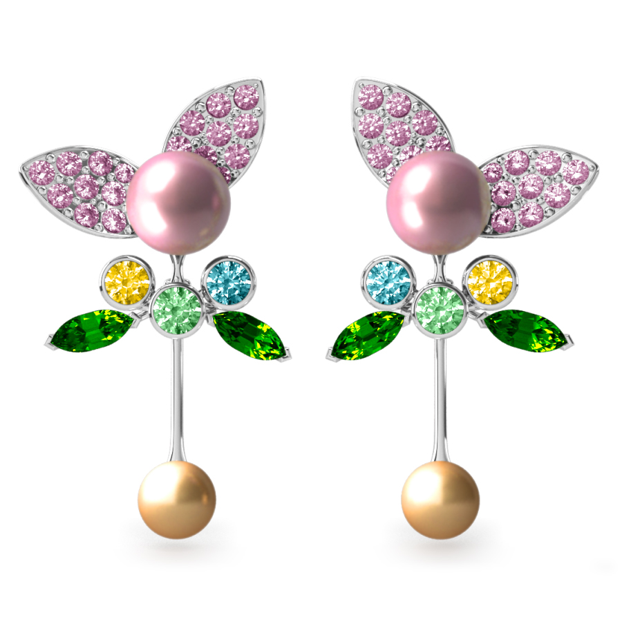 Boucles d'oreilles Pearly Angel Rose & Or - Saphirs, diamants, tsavorites & perle d'eau douce et des mers du Sud <br /> Or blanc 18 carats