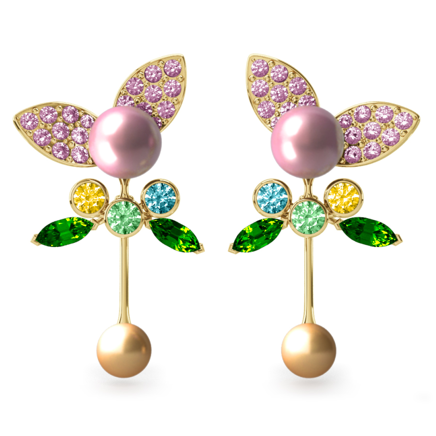 Boucles d'oreilles Pearly Angel Rose & Or - Saphirs, diamants, tsavorites & perle d'eau douce et des mers du Sud <br /> Or jaune 18 carats