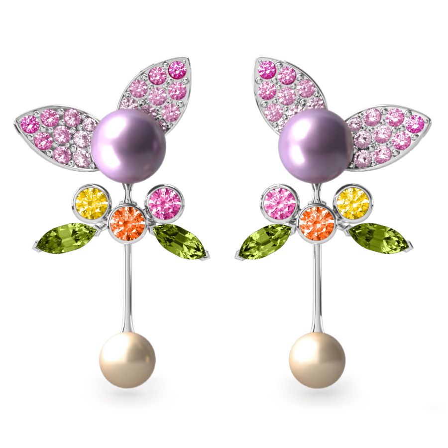 Boucles d'oreilles Pearly Angel Mauve & Ivoire - Saphirs, diamants, péridots & perles d'eau douce <br /> Or blanc 18 carats