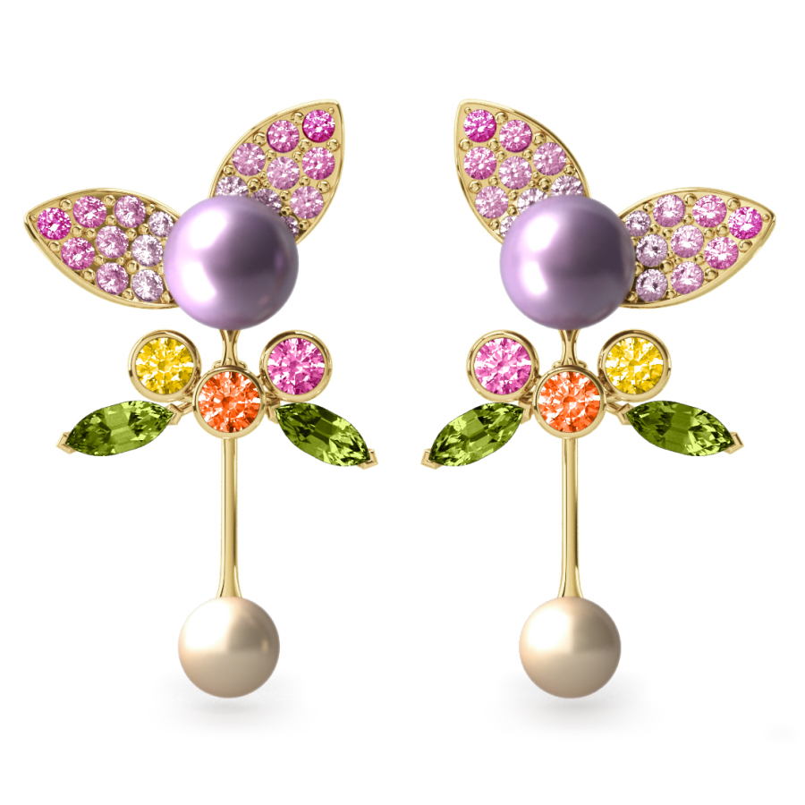 Boucles d'oreilles Pearly Angel Mauve & Ivoire - Saphirs, diamants, péridots & perles d'eau douce <br /> Or jaune 18 carats