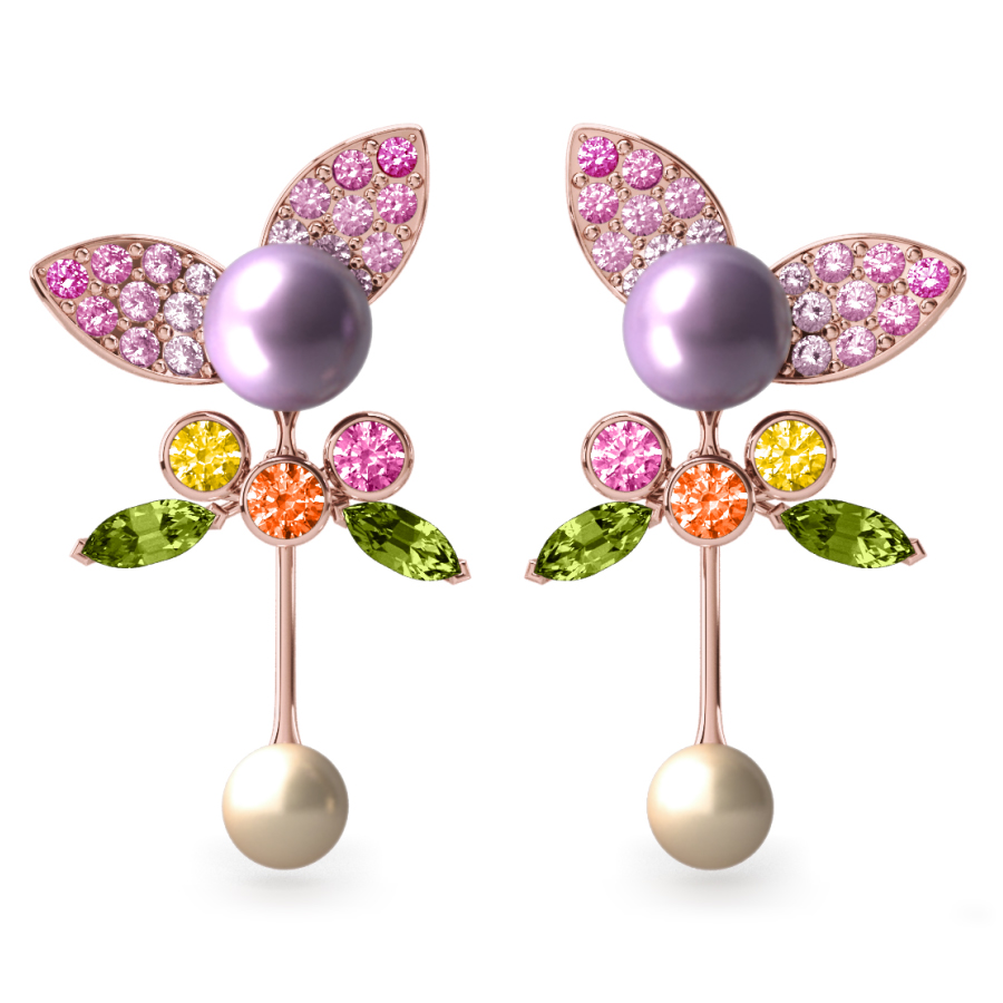 Boucles d'oreilles Pearly Angel Mauve & Ivoire - Saphirs, diamants, peridots & perles de Tahiti <br /> Or blanc 18 carats