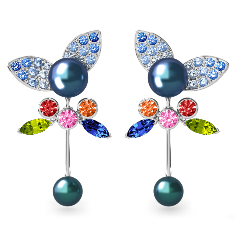 Boucles d'oreilles Pearly Angel Peacock & Céleste - Saphirs, diamants, peridots & perles de Tahiti <br /> Or blanc 18 carats