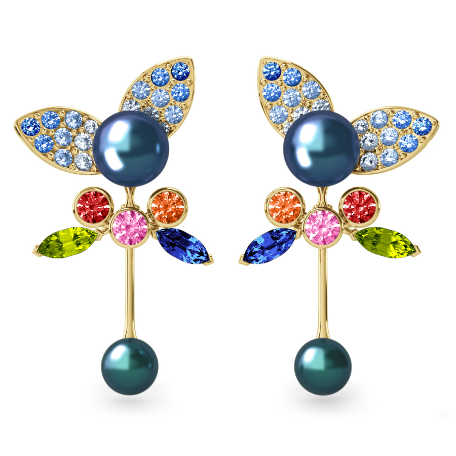 Boucles d'oreilles Pearly Angel Peacock & Céleste - Saphirs, diamants, peridots & perles de Tahiti <br /> Or jaune 18 carats