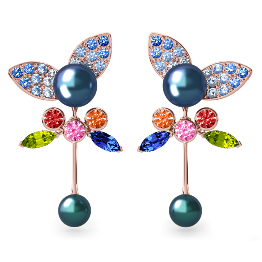 Boucles d'oreilles Pearly Angel Peacock & Céleste - Saphirs, diamants, peridots & perles de Tahiti <br /> Or rose 18 carats